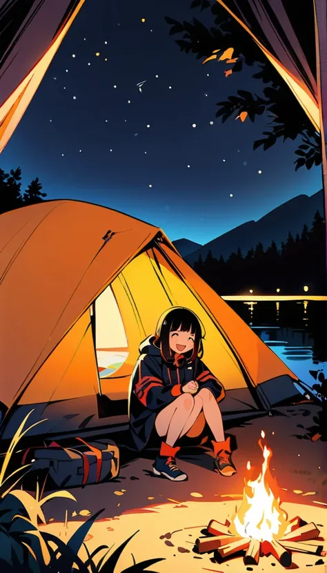 (high quality, 8k, 4K, High Contrast, masterpiece:1.2, 最high quality, Best aesthetics), campfire, night lakeside, Tents and camping gear, Firefighter, A person stuffing their face with food, Man standing next to a tent, smile, Look up at the starry sky, Fu...