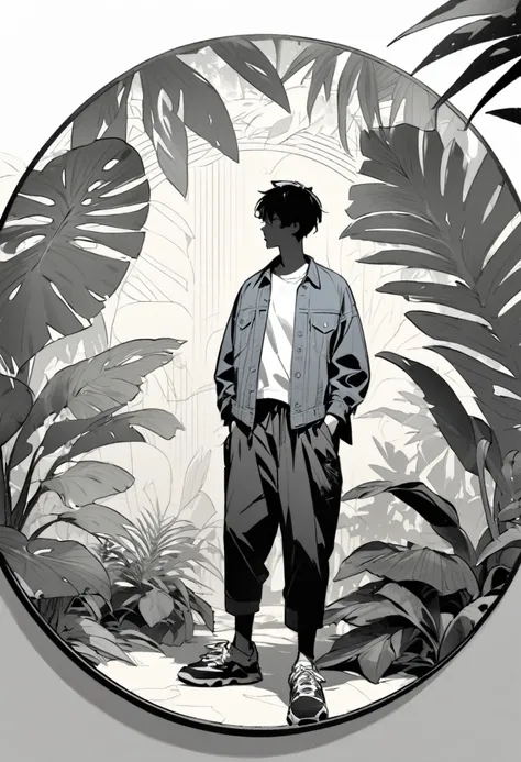 Create an illustration of a person standing in a relaxed pose. He wears a denim jacket, A white T-shirt, Put your hands lightly in your pockets. Tropical plants with large leaves as background, The figures are placed in a circular frame，With crispy, Paper-...