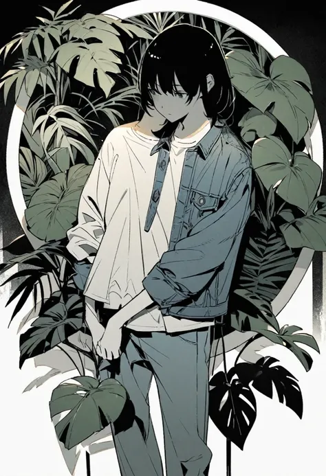 Create an illustration of a person standing in a relaxed pose. He wears a denim jacket, A white T-shirt, Put your hands lightly in your pockets. Tropical plants with large leaves as background, The figures are placed in a circular frame，With crispy, Paper-...