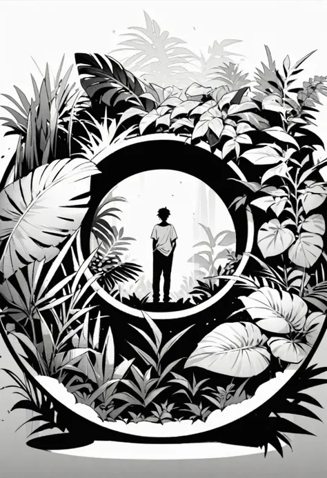 Create an illustration of a person standing in a relaxed pose. He wears a denim jacket, A white T-shirt, Put your hands lightly in your pockets. Tropical plants with large leaves as background, The figures are placed in a circular frame，With crispy, Paper-...