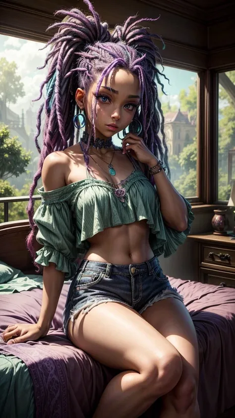 beautiful girl with purple and turquiose hair sitting on a bed, aqua rapunzel dreadlocks, huge earrings, queer make up, aqua neon dreadlocks, colorful pigtail, haunted eyes, crazy hair, lots of dreadlocks, wearing spikes and piercings, wearing crop top and...