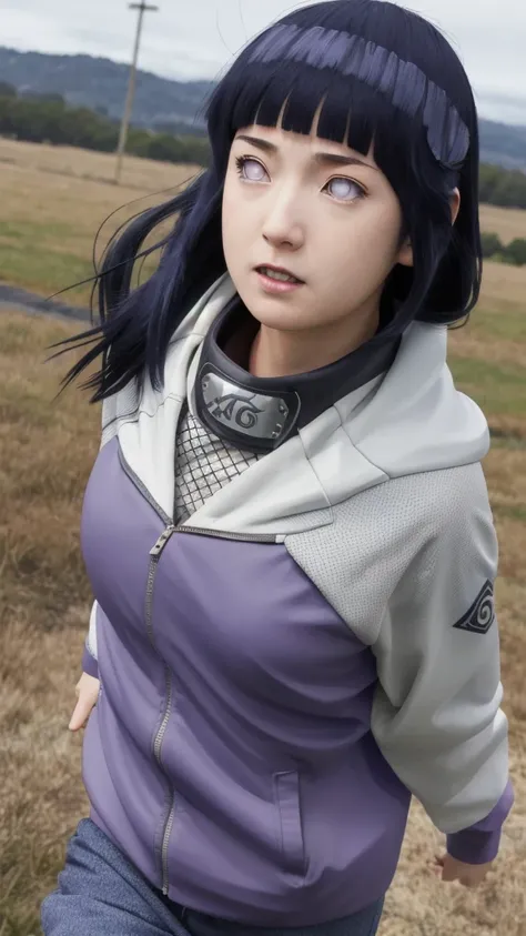 masterpiece, absurdres, 1girl, hinata(shippuden), solo,hooded jacket, fishnets, headband around neck, looking at viewer,  floating hair,  wind, blue pants, 