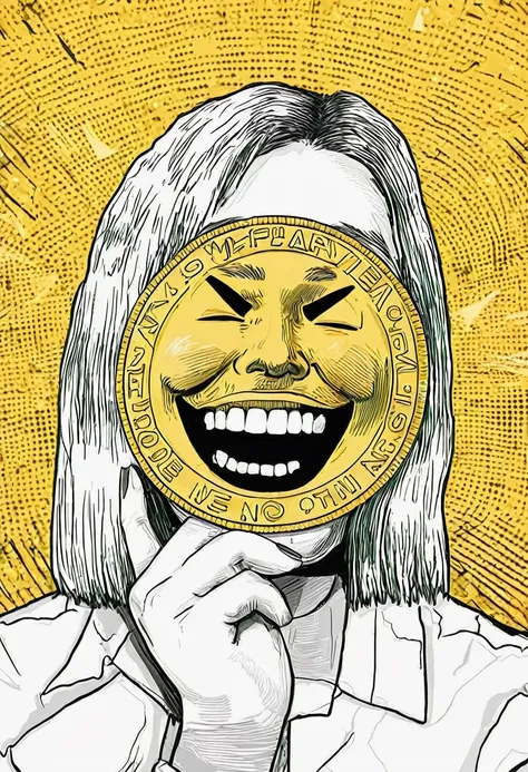 low quality、Pop Art、（One coin）、The coin has a mouth、Teeth are visible、No eyes、No nose、gold、Logo、central、big、Background is white