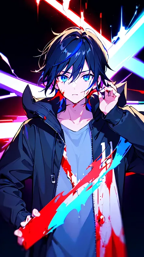 [(Black BACKGROUND:1.5),::5], ((((masterpiece)))), high quality, ultra very high resolution, full color, (((solo))), ((little boy)), BLACK hair, (Blue streaked hair), (oriental deepblue eyes), anime, ((upper body)), Summer clothes, neon light, black parka,...