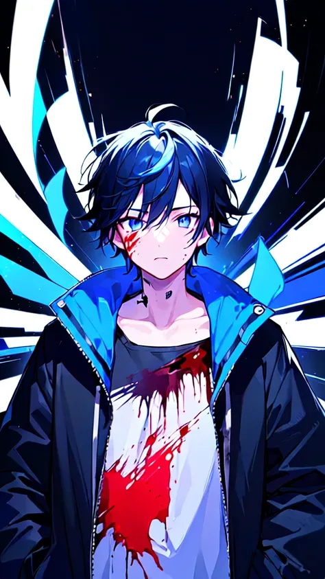 [(Black BACKGROUND:1.5),::5], ((((masterpiece)))), high quality, ultra very high resolution, full color, (((solo))), ((little boy)), BLACK hair, (Blue streaked hair), (oriental deepblue eyes), anime, ((upper body)), Summer clothes, neon light, black parka,...