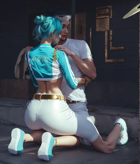 adult french milf woman with cyan blue hair, space bun haircut, gold T-shirt, white trousers, gold belt, sitting and hold a men