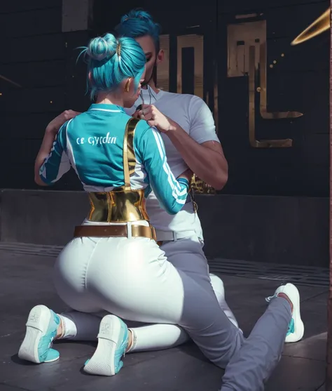 adult french milf woman with cyan blue hair, space bun haircut, gold T-shirt, white trousers, gold belt, sitting and hold a men