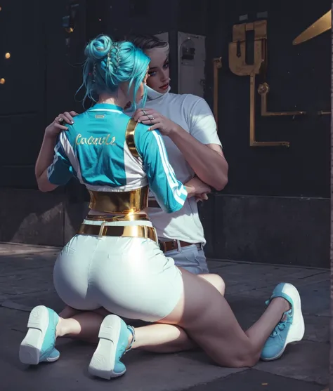 adult french milf woman with cyan blue hair, space bun haircut, gold T-shirt, white trousers, gold belt, sitting and hold a men