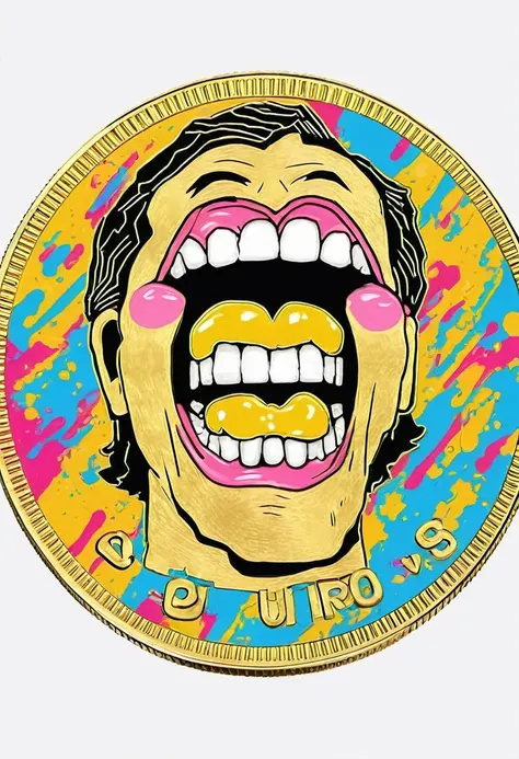 low quality、Pop Art、（One coin）、The coin has a mouth、Only a mouth、Teeth are visible、gold、Logo、central、big、Background is white