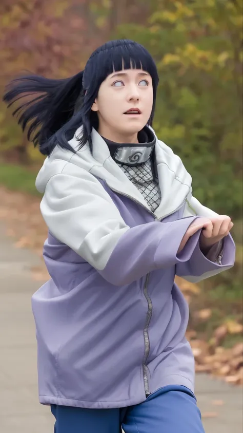 masterpiece, absurdres, 1girl, hinata(shippuden), solo,hooded jacket, fishnets, headband around neck, looking at viewer,  floating hair,  wind, blue pants, 