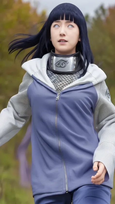 masterpiece, absurdres, 1girl, hinata(shippuden), solo,hooded jacket, fishnets, headband around neck, looking at viewer,  floating hair,  wind, blue pants, 