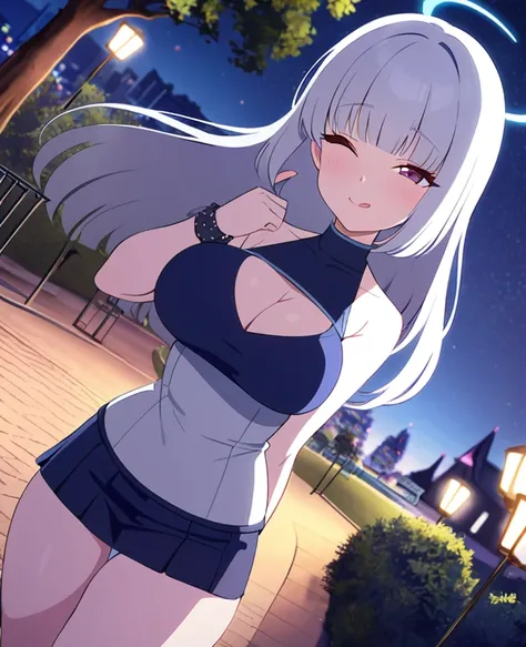 16yo girls, hime cut, long hair, white bluish hair, J cup breast, thicc thigh, sleeveless shirt, open half, micro skirt, deep cleavage, wink, charming smile, park scenes, view clear, night time