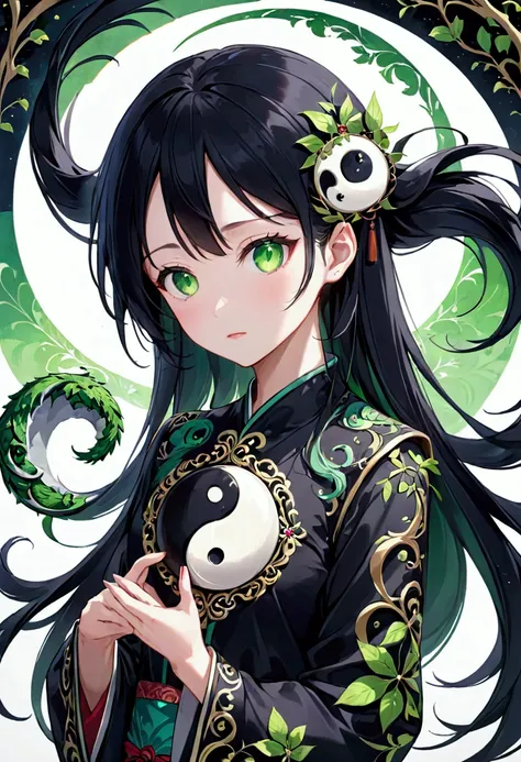 Anime girl, Long black hair, green eyes,aesthetic body, holding Ying yang symbol