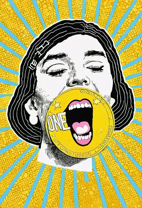 low quality、Pop Art、（One coin）、The coin has a mouth、Only a mouth、Teeth are visible、gold、Logo、central、big、Background is white