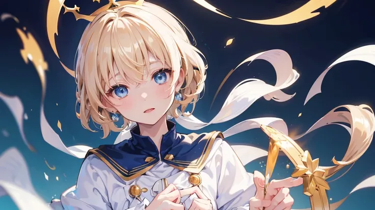 (Highest quality)　(4K)　(8k)　(High resolution)　(masterpiece:1.2)　(Super detailed)　One boy　short hair　Wizard　Blue Eyes　Long sleeve　Golden decoration　Hair between the eyes　White Dress　Wavy golden hair　Upper Body　large crown　(White Background)　(Cast a spell)　f...