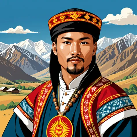 man in Kyrgyzstan folk outfit, vector graphics, strong contours
