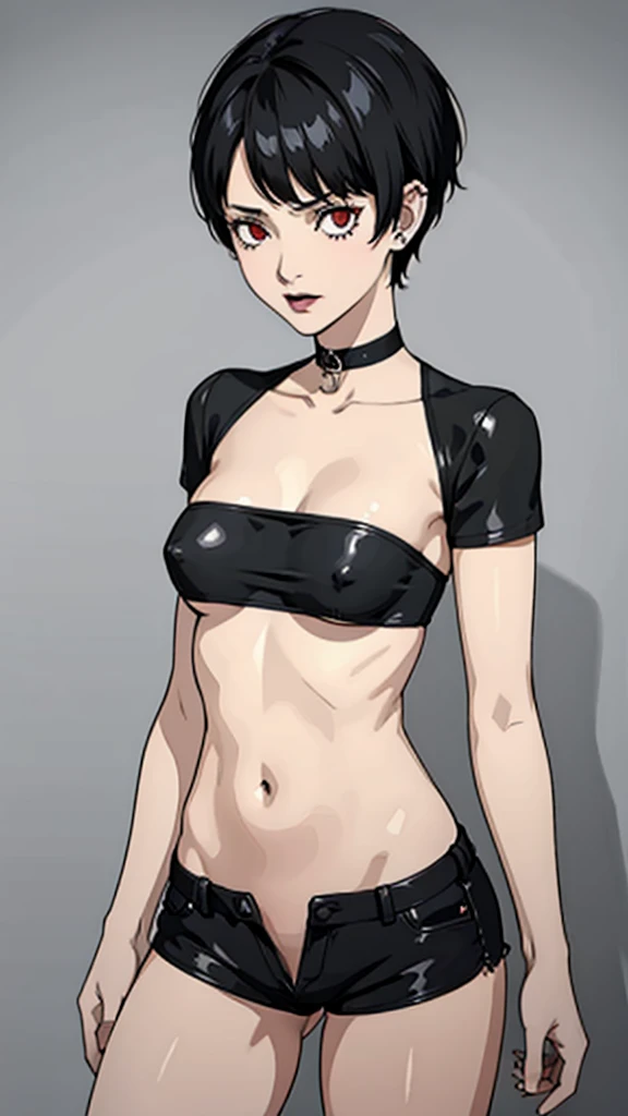 1girl, serious face, red eyes, tomboy Pixie haircut, very Short hair, black hair, black choker, white micro top bandeau, belly, medium breast, extreme micro shorts, stockings, black lipstick, black lipstick ear piercings, cowboy shot, covered nipples