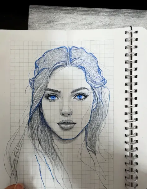 drawing of a woman with long hair and blue eyes on a notebook, face sketch, on a notebook page, potrait of a female face, sketch of a caucasian face, detailed face ), 🤤 girl portrait, art sketch, sketched, girl sketch, face study, realistic sketch, quick s...