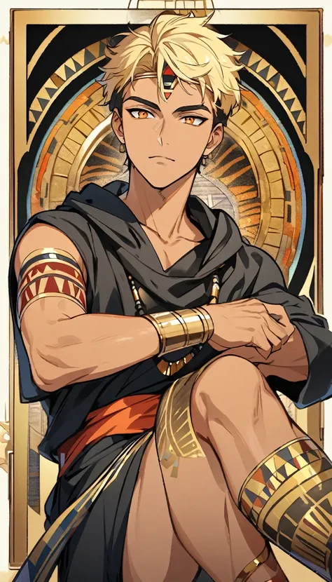 Egyptian Background，Handsome young man, blond, Orange Eyes, short hair, Black Hoodie,high quality, Draw Amount, pixiv illustrations，Tanned skin，Red tattoo on the arm，(Egyptian style，Egyptian Dress Up)