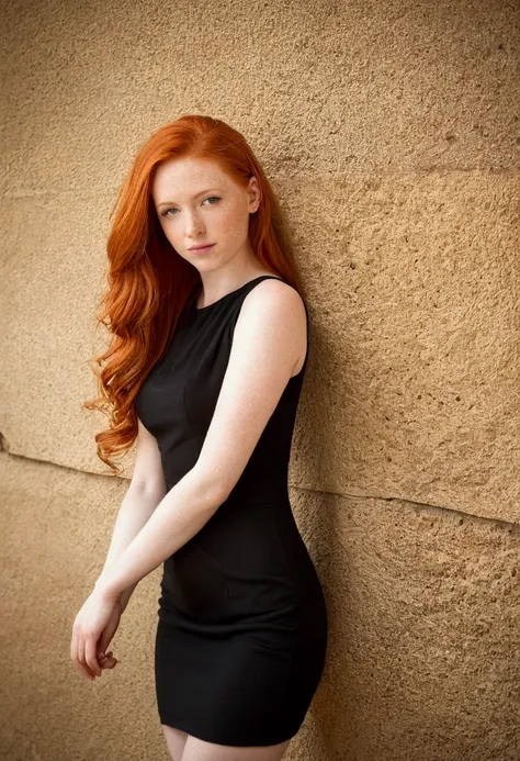 here is a woman with red hair posing on a wall, redhead girl, cute young redhead girl, redhead woman, wearing a tight black dress, beautiful redhead woman, red head, red waist-long hair, with red hair, she has long redorange hair, red hair girl, she is red...