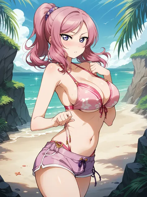 masterpiece, best quality,8k wallpaper, nishikino maki,pink bikini top, purple mini shorts, blushing ,big breasts , purple eyes ...