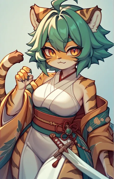 ((Tiger Girl、Sword in right hand、The left hand does not hold anything、))、(masterpiece、cute))、(kimono、A Cup)alone、kemono、Cat girl、Female furry,Chibi Character、Background crop、humanoid cheetah、Fantasy、