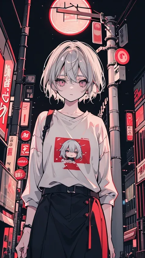 a picture of a women 25 years old short white hair standing in front of a red light, Candid Photography, Gray-haired deity, dynamic poses, Gray-haired girl, Crushing Despair, Flowing white hair, short Hair Anime Girl, perfect Gray-haired girl