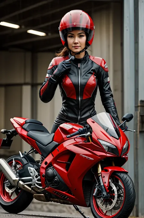 Motorcycle woman,Ahime picture,2D picture,High resolution,Wear a red helmet.