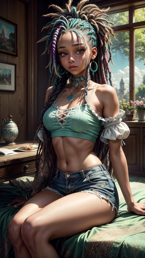 beautiful white girl with brown and turquoise hair sitting on a bed, Aquamarine Rapunzel-Dreadlocks, Huge earrings, the picture, Aqua-Neon-Dreadlocks, colorful braid, happy eyes, crazy hair, many dreadlocks, lange Dreadlocks, wearing spikes and piercings, ...