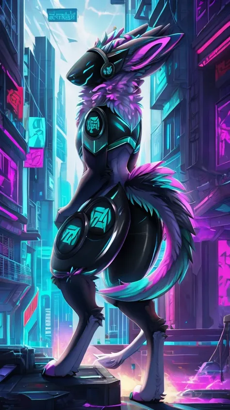 Furry, protogen, cyberpunk city, 