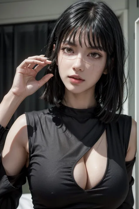 Yoru from chainsaw man, realistic, age 25, pure white skin, brown eyes, long black bob hair, perfect face, perfect size body, large breasts, ultra realistic, black long sleeve dress, 8k hd, detailed, posing to viewer. 