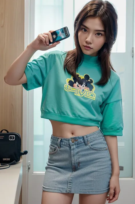 Disney+Pixar-style cartoon character: a 20-year-old Chinese model, brown hair, in casual modern clothing, contrast and isolated to screen, emphasizing a power bank, vivid green screen. Focus on models eye contact and power bank, intricate detailed. Enhance...