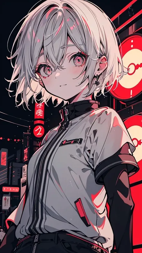 a picture of a women 25 years old short white hair standing in front of a red light, happy face, Candid Photography, Gray-haired deity, dynamic poses, Gray-haired girl, Crushing Despair, Flowing white hair, short Hair Anime Girl, perfect Gray-haired girl, 