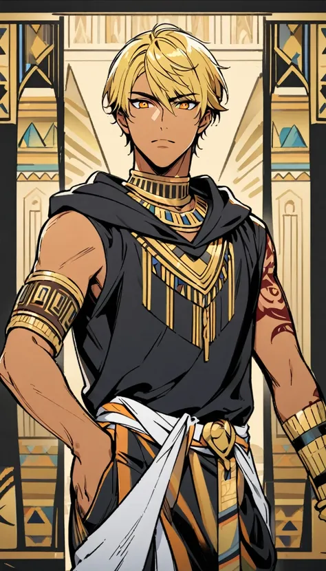 Egyptian Background，Handsome young man, blond, Orange Eyes, short hair, Black Hoodie,high quality, Draw Amount, pixiv illustrations，Tanned skin，Red tattoo on the arm，(Egyptian style，Egyptian Dress Up)