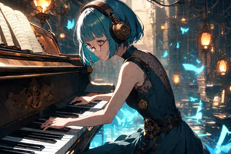 (extremely detailed fine touch:1.3), (((semi-rimless round eyewear:1.3))), (headphone:1.2), short hair, blunt bangs, 1girl, solo, elegant dress, bare arms, steampunk, futuristic, playing_piano, steampunk-inspired_piano, blue_glowing_tones, glowing_elements...