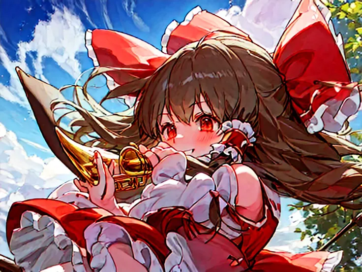 two cute girl,reimu,marisa,reimu is playing piano,marisa is holding trumpet,smile,fine sky,