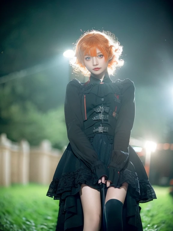 15 year old girl, Lovely, orange hair, very short, Very curly, slim, flat bust, with freckles on the face, with slavic features, with long sleeve black dress, whole body, shows her legs, in the castle garden, at night, holding a sword in his hand