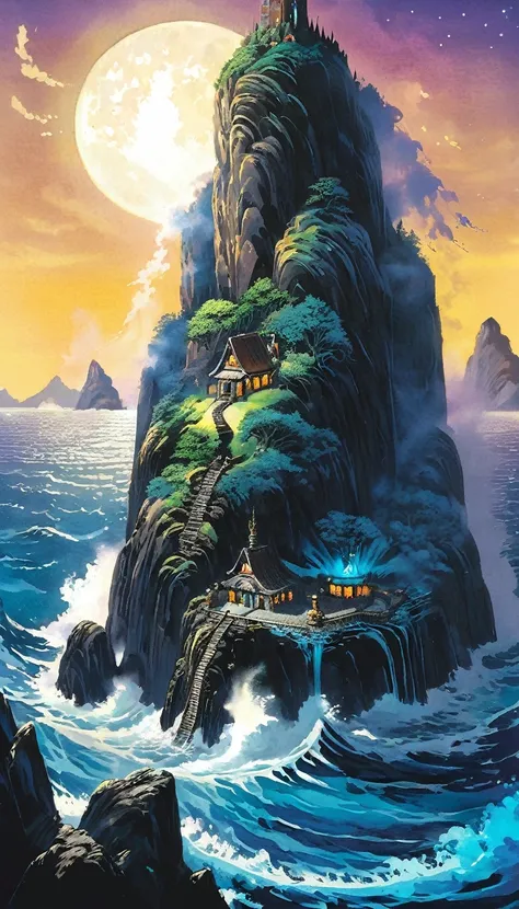 A huge cliff in the middle of the sea(There are rough waves and spray under the cliff)，A mysterious island with a waterfall in the middle，There is a crystal castle on the mysterious island surrounded by mountains.(Emits a very bright blue light)The light o...