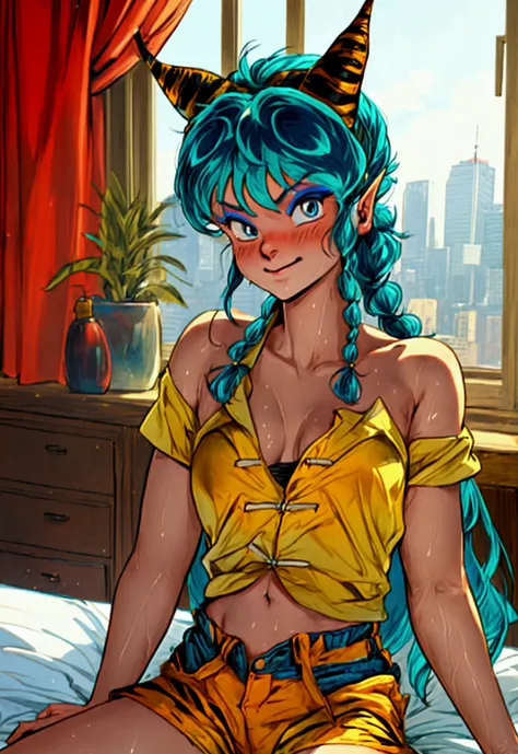 score_9, score_8_up, score_7_up, 1980's style, retro, source anime, flat color, illustration. lum, single_braid, blue hair, blue...