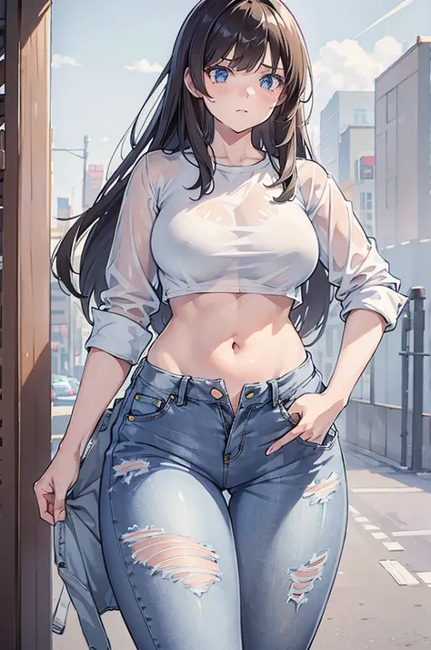 girl, big thighs, unbuttoned jean shorts, serious expression, tight translucent see through crop top. 