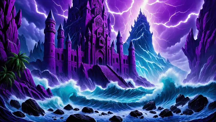 (mysterious eerie citadel with intricate architecture:1.2) on rocks of tropical island))), crushing waves, purple-blue thunderst...