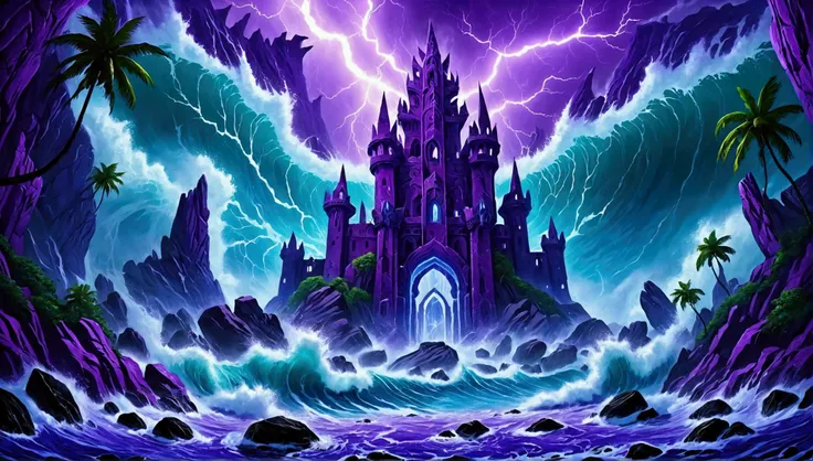 (mysterious eerie citadel with intricate architecture:1.2) on rocks of tropical island))), crushing waves, purple-blue thunderst...