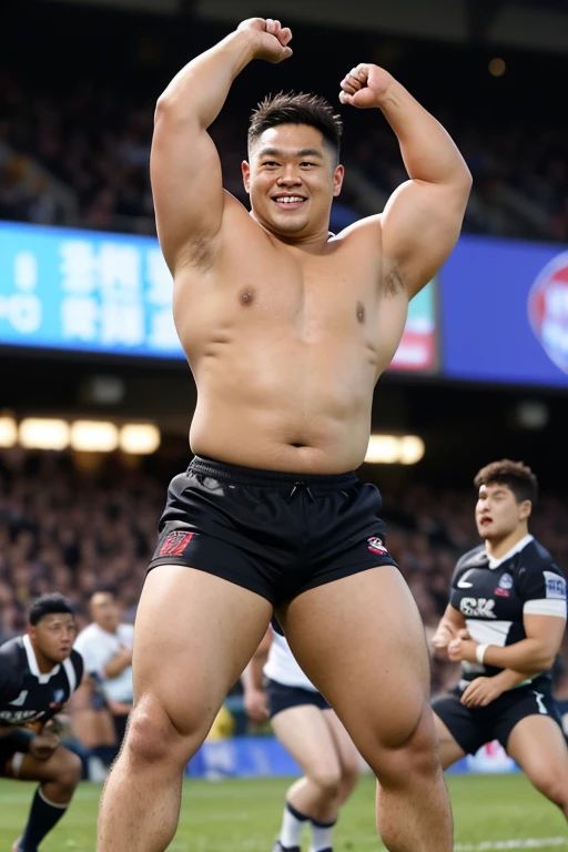 ((highest quality)), ((masterpiece)), (detailed), ((Perfect Face)), 4k, Shaved head, Young Japanese, Muscular, Fat body, Very big man, smile, ((wearing a very tight and very short black-shorts)), ((showing off crotch)) A large Japanese man shirtless、whole ...