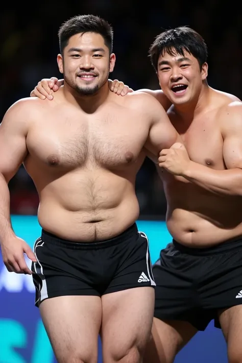 ((highest quality)), ((masterpiece)), (detailed), ((Perfect Face)), 4k, Shaved head, Young Japanese, Muscular, Fat body, Very big man, smile, ((wearing a very tight and very short black-shorts)), ((showing off crotch)) A large Japanese man shirtless、whole ...