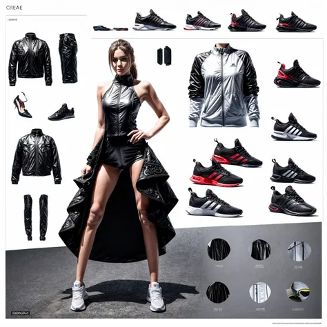 (((Create Detailed Design Sheet))), (Front view, Side view, Diagonal view), (sport style items, bundle of clothes, shoes), (Create detailed shoe gallery), multi-pair (high heels, sneaker, leather shoes etc), description card. best quality, masterpiece, Rep...