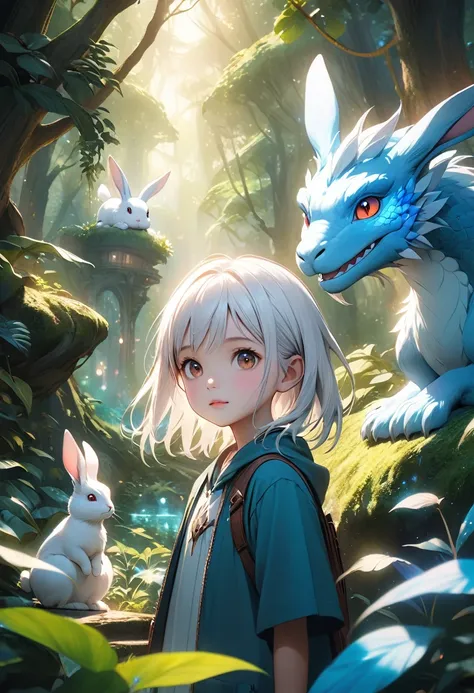 a young girl with white hair, a child, a rabbit, half-dragon, detailed portrait, cute expression, magical fantasy setting, lush ...