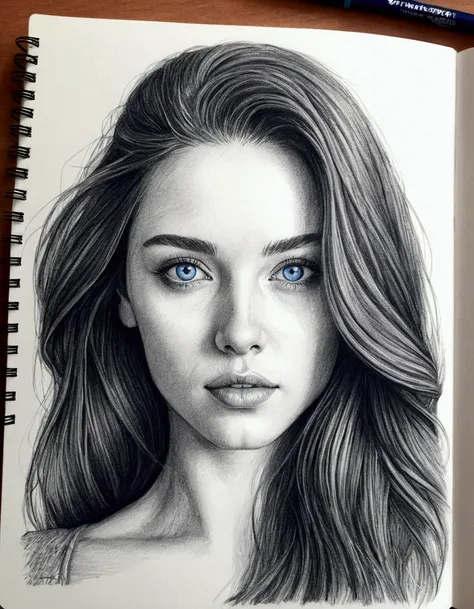 drawing of a woman with long hair and blue eyes on a notebook, face sketch, on a notebook page, potrait of a female face, sketch of a caucasian face, detailed face ), 🤤 girl portrait, art sketch, sketched, girl sketch, face study, realistic sketch, quick s...