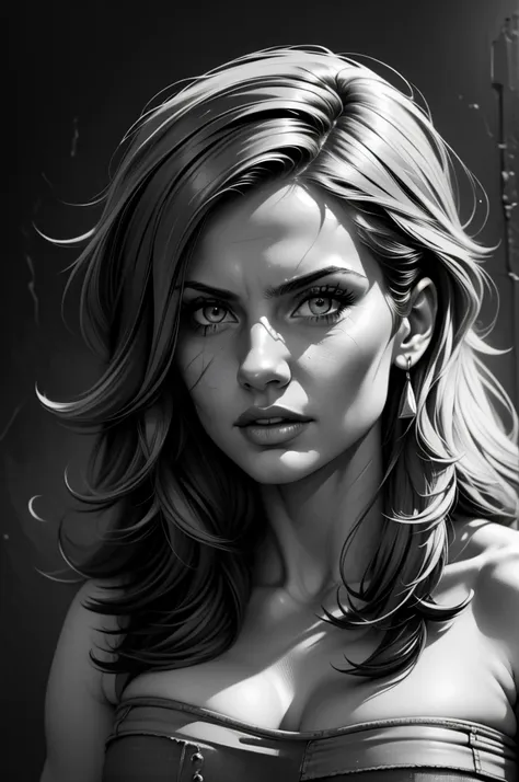 a girl in a mug shot, sketch, black and white, cute, detailed features, old style, high contrast lighting, expressive eyes, mess...