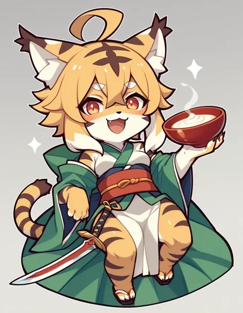 ((Tiger Girl、Sword in right hand、The left hand does not hold anything、))、(masterpiece、cute))、(kimono、A Cup),Mia(World Flipper)、alone、kemono、Cat girl、Female furry,Chibi Character、Background crop、humanoid cheetah、Fantasy、