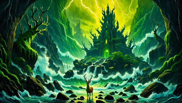 (mysterious eerie citadel with intricate architecture:1.2) on rocks of tropical island))), crushing waves, yellow-green thunders...